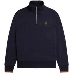 Fred Perry Half Zip Sweatshirt - Navy And Caramel