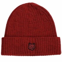 Maison Kitsune Ribbed Logo Wool Beanie - Burnt Red