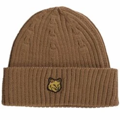 Maison Kitsune Ribbed Logo Wool Beanie - Golden Brown