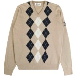 Pringle Of Scotland V Neck Argyle Jumper - Camel And Navy