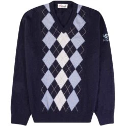 Pringle Of Scotland V Neck Argyle Jumper - Navy