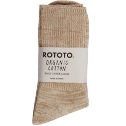 RoToTo Socks Organic Daily 3 Pack Ribbed Crew Socks - Ecru And Brown